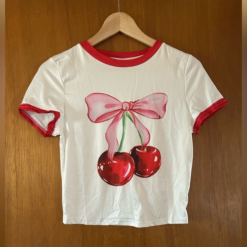 SHEIN Teen Cherry Bow T-Shirt - Red & White NWOT